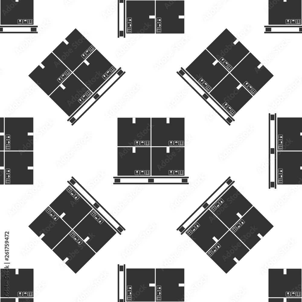 Cardboard boxes on pallet icon isolated seamless pattern on white background. Closed carton delivery packaging box with fragile signs. Flat design. Vector Illustration