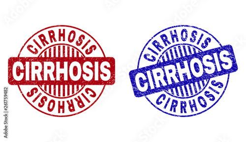 Grunge CIRRHOSIS round stamp seals isolated on a white background. Round seals with grunge texture in red and blue colors. Vector rubber imitation of CIRRHOSIS title inside circle form with stripes.