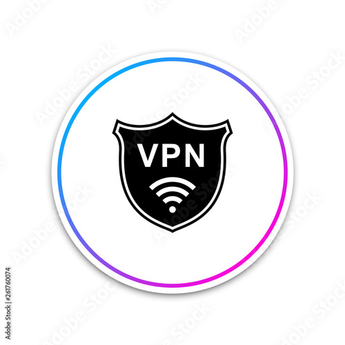 Shield with VPN and WiFi wireless internet network symbol icon isolated on white background. VPN protect safety concept. Virtual private network for security. Circle white button. Vector Illustration