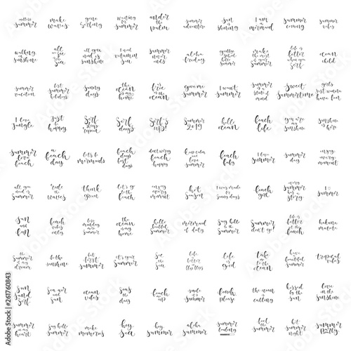 100 quotes about summer, ocean and sea. Phrases to poster, greeting card. Vector illustration big set.