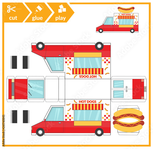 Cut and glue a paper car. Children art game for activity page. Paper 3d food track. Vector illustration.