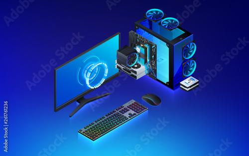 Gaming, workstation and mining computer workspace components set isometric illustration, custom assembly computer components for workstation, pc store and service