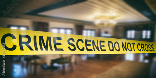 Crime scene. Warning yellow tape, text do not cross, dark blur room background. 3d illustration