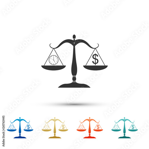 Scale weighing money and time icon on white background. Scales with hours and a coin. Balance between work and the given time. Business concept. Set elements in color icons. Vector Illustration