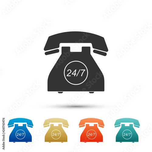 Telephone 24 hours support icon on white background. All-day customer support call-center. Full service 24 hour. Open 24 hours a day and 7 days a week. Set elements in color icons. Vector Illustration