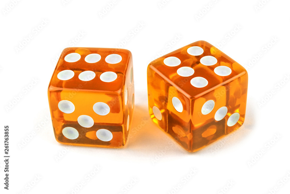 Two caramel color glass dice isolated on white background. Six and six with a shadow. Two caramel color glass dice isolated on white background. Six and six with a shadow.