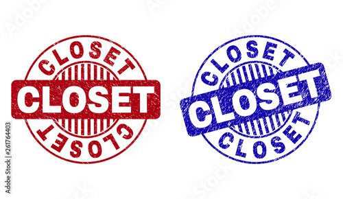 Grunge CLOSET round stamp seals isolated on a white background. Round seals with grunge texture in red and blue colors. Vector rubber overlay of CLOSET text inside circle form with stripes.