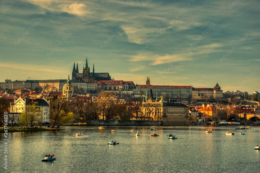 Prague castle from Vltava river with boats