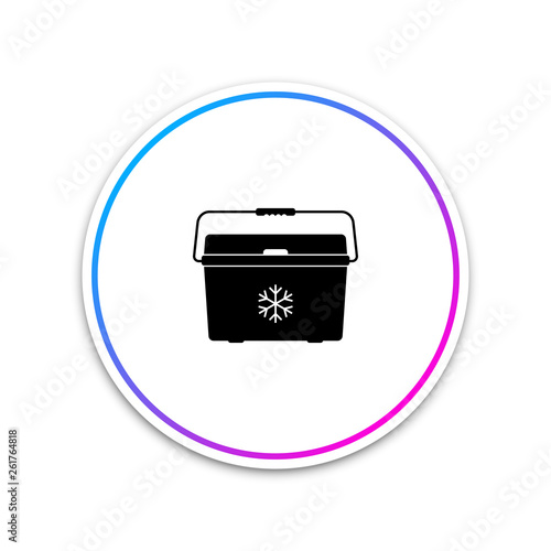 Cooler bag icon isolated on white background. Portable freezer bag. Handheld refrigerator. Circle white button. Vector Illustration