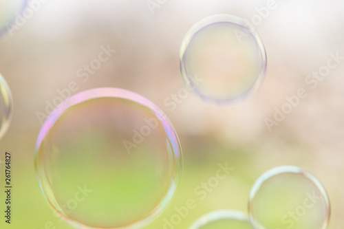 Soap bubbles fly up on natural background of spring garden