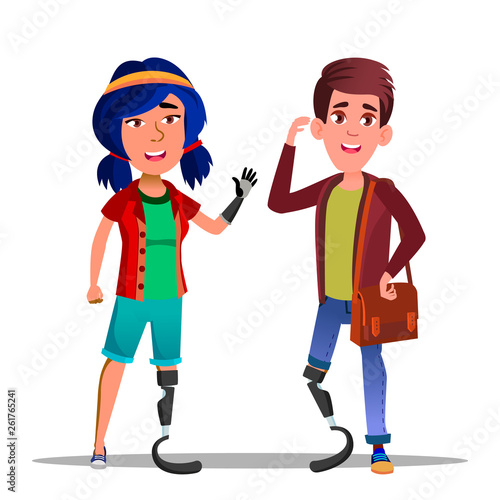 People With Bionic Legs Cartoon Vector Characters. Young Woman Waving With Bionic Arm Isolated Clipart. Disabled Adults Design Element. Modern Medicine. Man With Prosthesis Flat Illustration