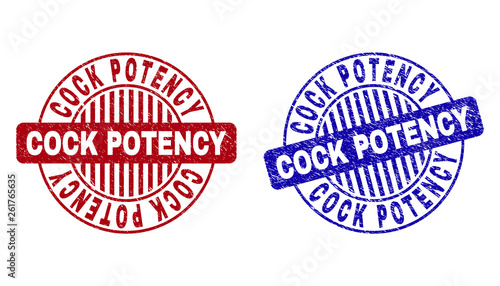 Grunge COCK POTENCY round stamp seals isolated on a white background. Round seals with grunge texture in red and blue colors.