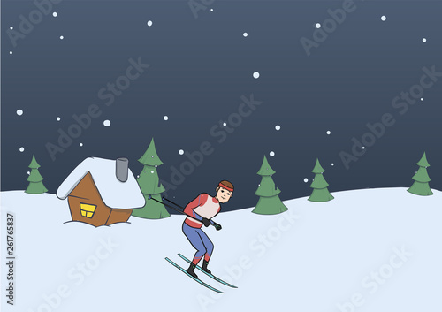 Cross-country skiing, winter sport. Happy young man skiing on rural evening background. Vector illustration.