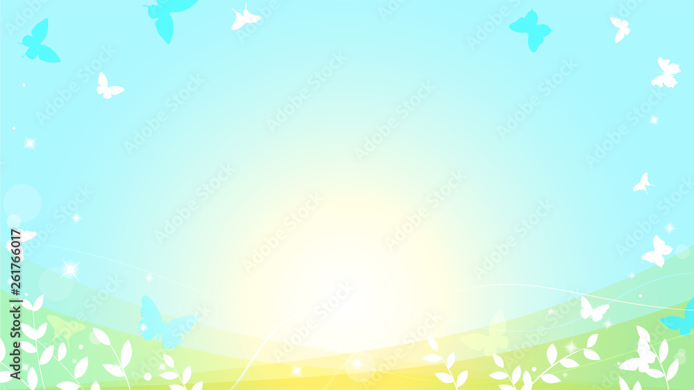 Abstract spring summer background in light pastel color with copy space, environmental theme with butterfly and tree