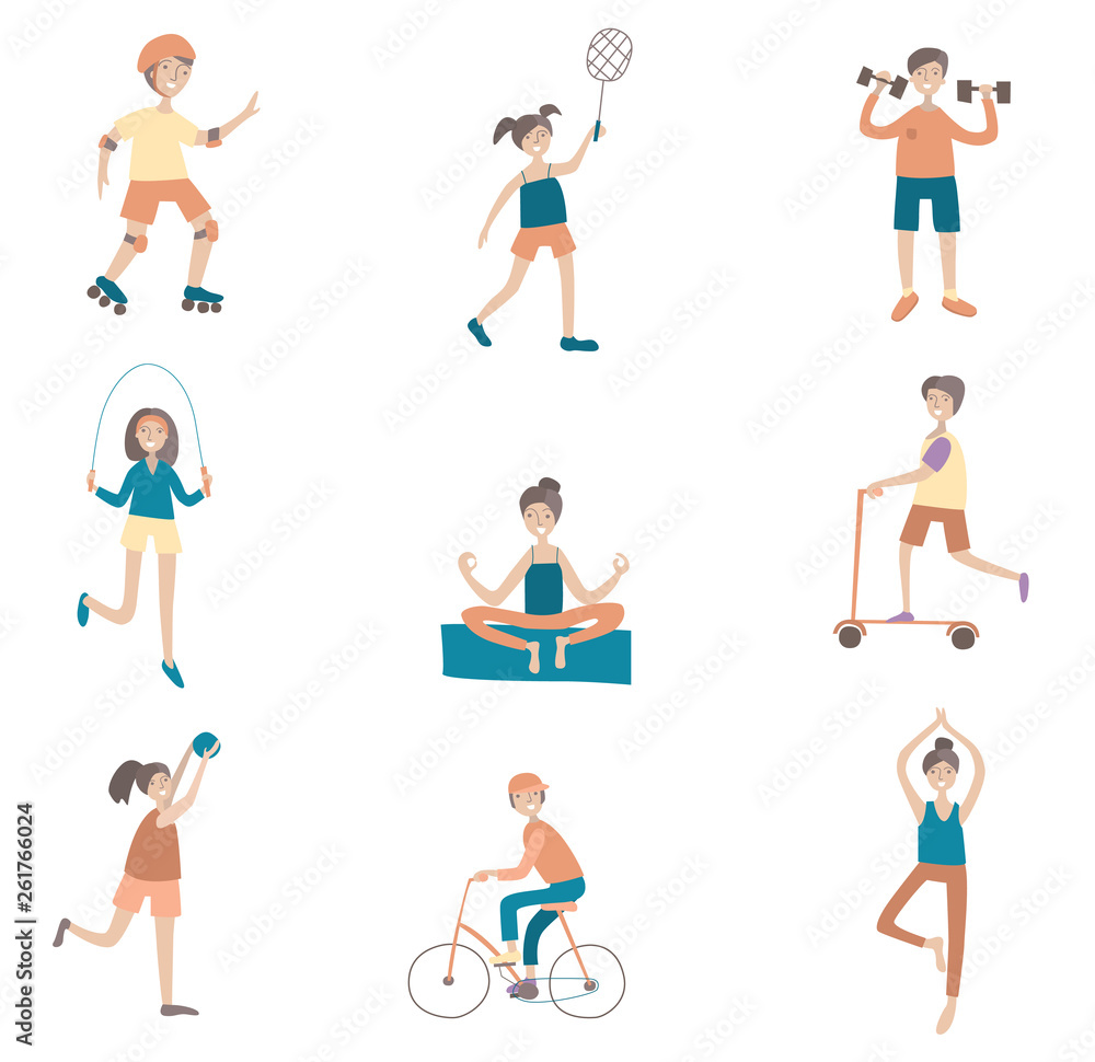Active lifestyle, sports entertainment outdoors. Set of poses and characters. Flat vector illustration. Isolated on white background.