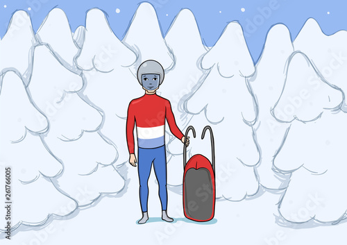 A young man with sleigh standing among the snowy forest. Snowboarding, extreme winter sport, active recreation. Vector Illustration.