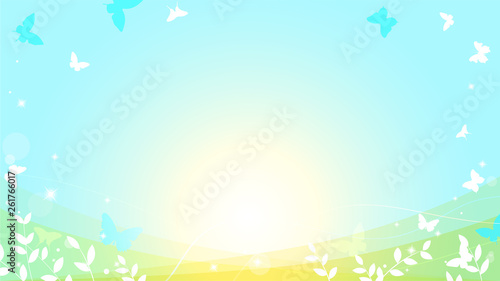 Abstract spring summer background in light pastel color with copy space, environmental theme with butterfly and tree