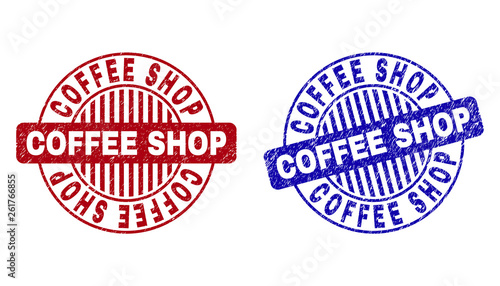 Grunge COFFEE SHOP round stamp seals isolated on a white background. Round seals with grunge texture in red and blue colors. Vector rubber imprint of COFFEE SHOP tag inside circle form with stripes.