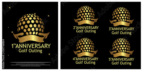 Anniversary golf outing logo. Set of gold icons isolated on black