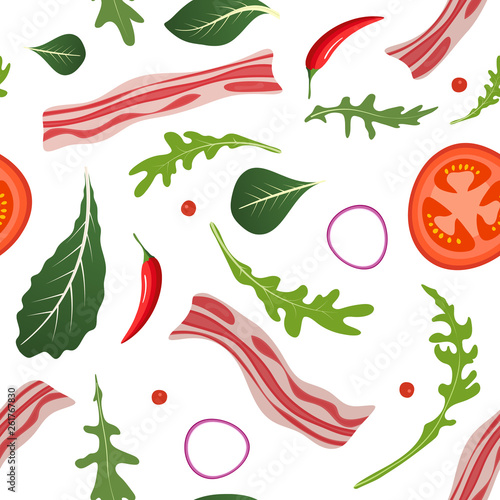 Seamless pattern on white background with bacon, tomatoes, onion and lettuce. Breakfast food. Vector illustration.