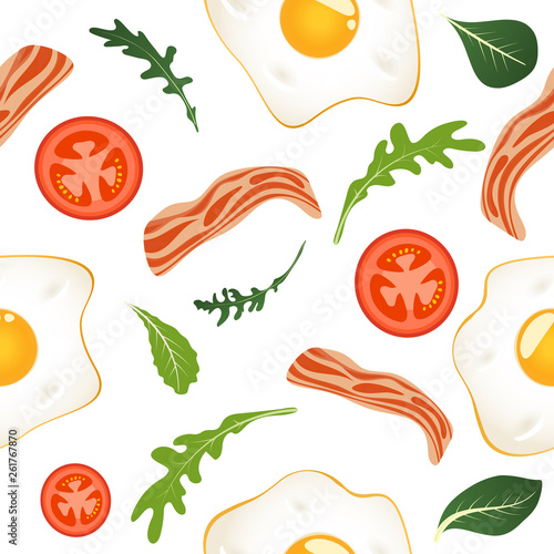 Seamless pattern on white background with fried eggs, bacon, tomatoes and lettuce. Omelet, scrambled eggs. Breakfast food. Vector illustration.