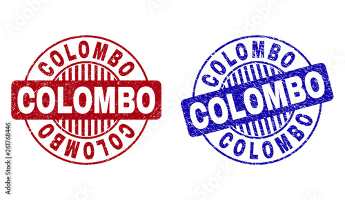 Grunge COLOMBO round stamp seals isolated on a white background. Round seals with grunge texture in red and blue colors. Vector rubber imitation of COLOMBO tag inside circle form with stripes.
