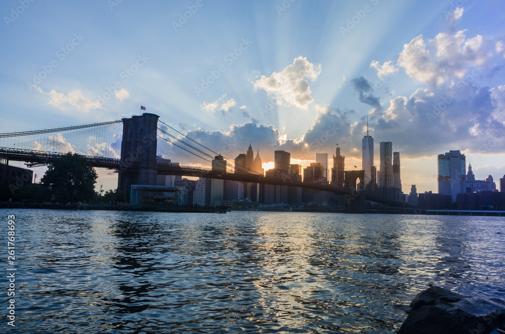 Brooklyn Bridge and Lower Manhattan at sunset