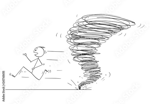 Cartoon stick figure drawing conceptual illustration of man running away from tornado vortex.