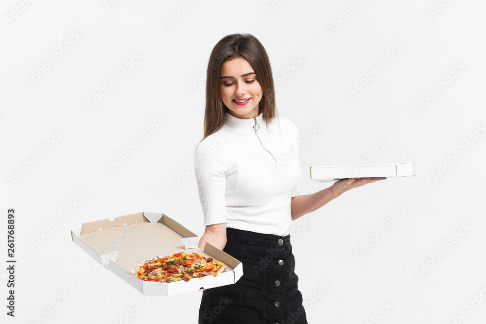Happy woman presents pizza isolated on white background . Happy woman presents pizza isolated on white background .