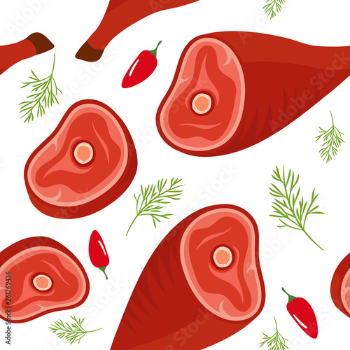 Seamless pattern on white background with gammon and steak on the bone, hot pepper and dill. Meat products background. Vector illustration.