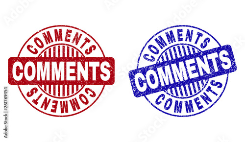 Grunge COMMENTS round stamp seals isolated on a white background. Round seals with distress texture in red and blue colors. Vector rubber imprint of COMMENTS caption inside circle form with stripes.