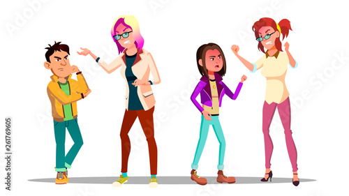 Teenagers Arguing With Adults Vector Cartoon Characters Set. Parents And Kids Arguing Isolated Cliparts Pack. Teacher And Guilty Pupil. Furious Mother, Shouting At Daughter, Son Flat Illustration