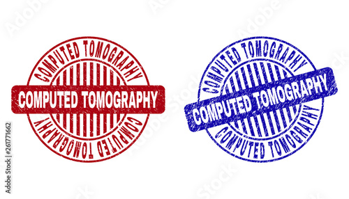 Grunge COMPUTED TOMOGRAPHY round stamp seals isolated on a white background. Round seals with grunge texture in red and blue colors.