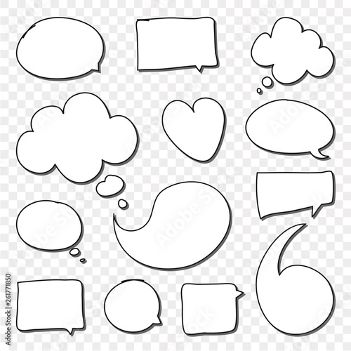 Set of cute speech bubble with text in doodle style. Vector creative illustration of Speech Bubbles, clouds on isolated white background. Thin speech bubble style design for promotion. 
