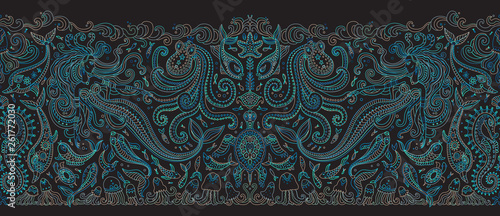 Vector seamless pattern. Fantasy mermaid, octopus, fish, sea animals green blue contour thin line drawing on a black background. Embroidery border, wallpaper, textile print, wrapping paper