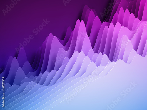 3d render, abstract paper shapes background, bright colorful sliced layers, purple waves, hills, equalizer