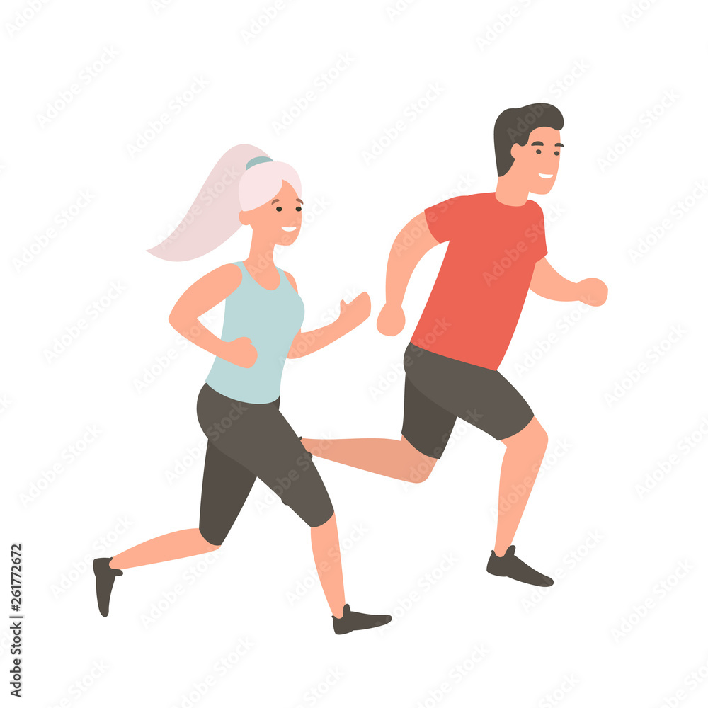 Man and woman running. Couple jogging outdoors