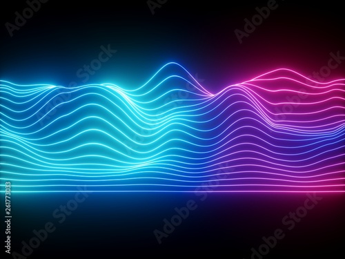 3d render, pink blue wavy neon lines, electronic music virtual equalizer, sound wave visualization, ultraviolet light abstract background photo