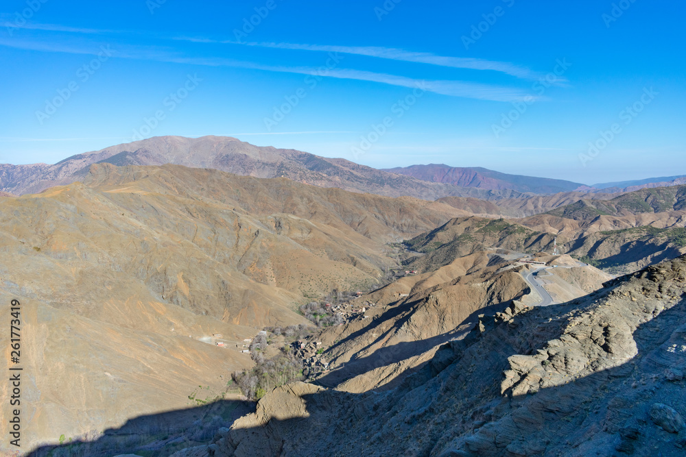 Naklejka premium Atlas Mountains in Morocco View with a Curving Road