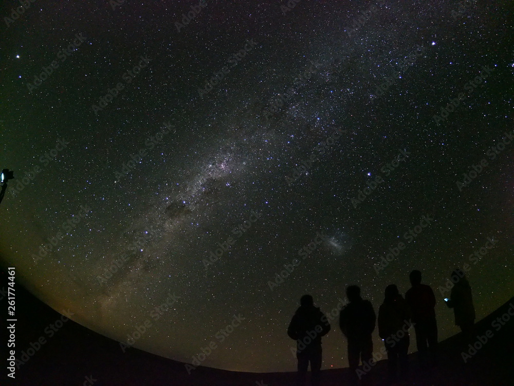 Fototapeta premium Friends are standing against the background of a picturesque starry sky.