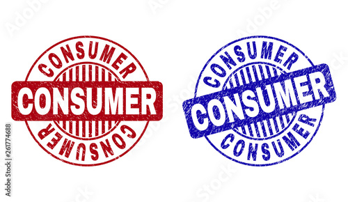 Grunge CONSUMER round stamps isolated on a white background. Round seals with grunge texture in red and blue colors. Vector rubber imprint of CONSUMER tag inside circle form with stripes.