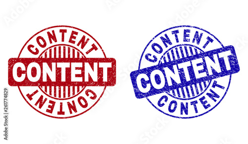 Grunge CONTENT round stamp seals isolated on a white background. Round seals with grunge texture in red and blue colors. Vector rubber imprint of CONTENT caption inside circle form with stripes.