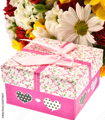 gift box with flowers isolated on white background