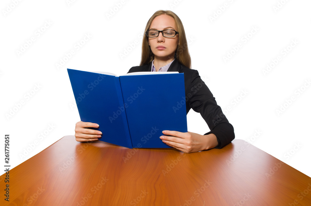 Female employee sitting at long table isolated on white Female employee sitting at long table isolated on white