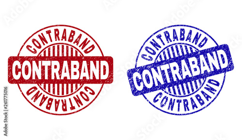 Grunge CONTRABAND round stamp seals isolated on a white background. Round seals with grunge texture in red and blue colors. Vector rubber imprint of CONTRABAND title inside circle form with stripes.