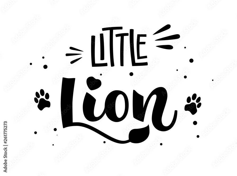 Little Lion hand draw calligraphy script lettering whith dots, splashes and  tiger's footprints decore. Stock Vector