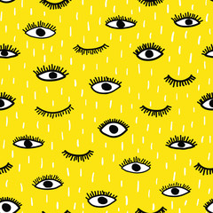 Fototapete Augenmuster Handgezeichnete Augen auf Gelb  © Dasha D