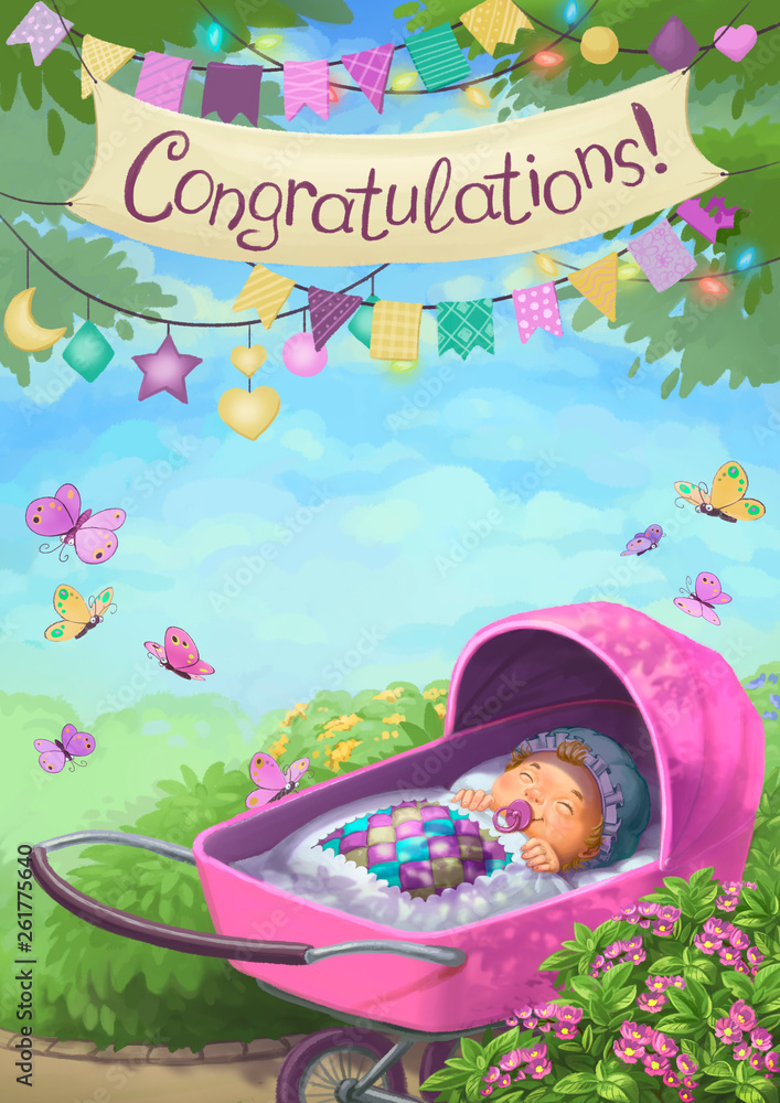 postcard, congratulations on a new child, illustration, a child in a pram in the garden postcard, congratulations on a new child, illustration, a child in a pram in the garden