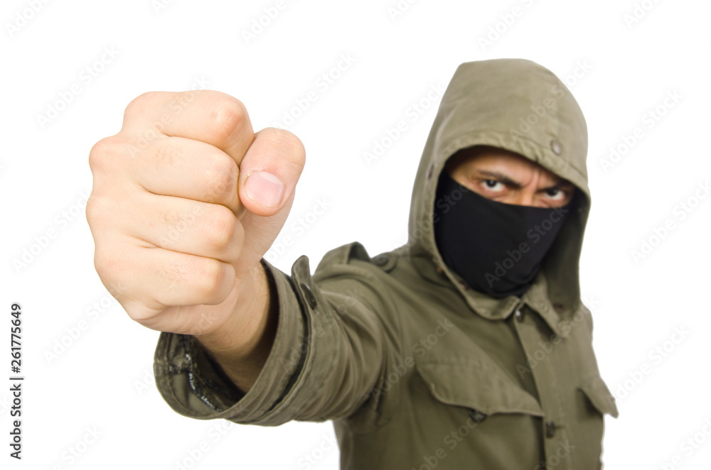 Criminal wearing mask isolated on white Criminal wearing mask isolated on white