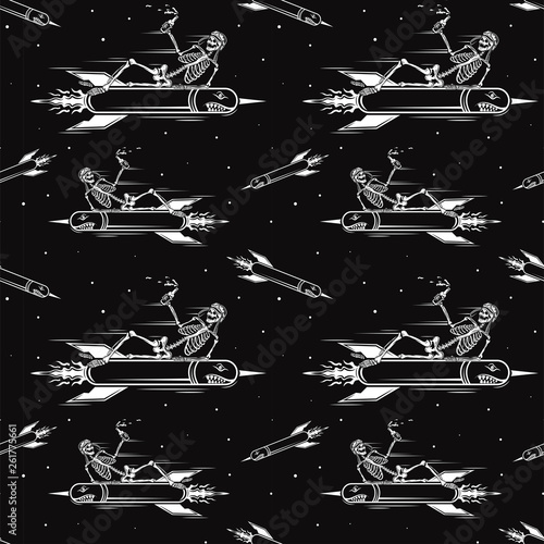 Skull of kamikaze on the rocket seamless pattern. Skeleton riding on air bomb. Black background.